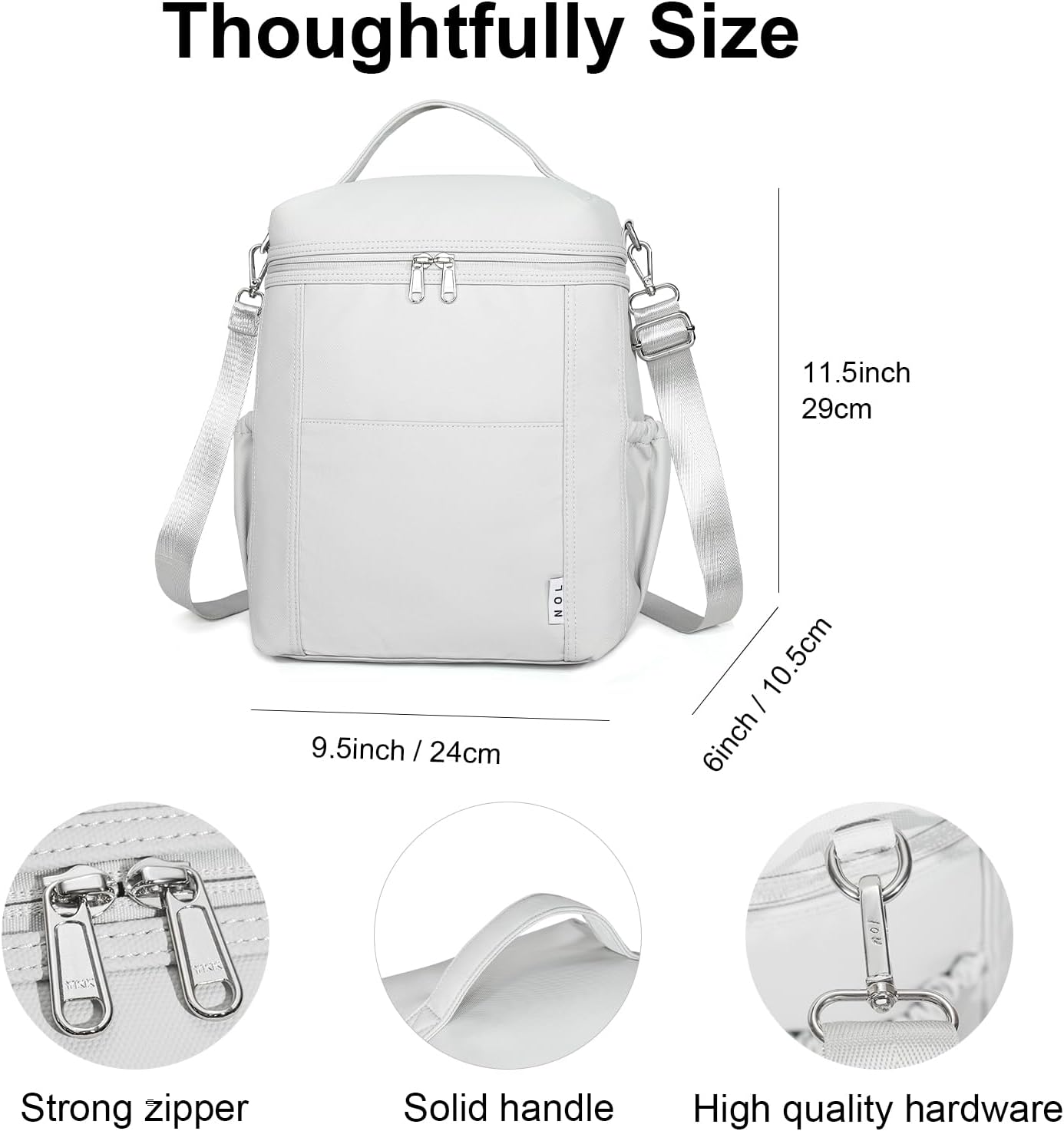 NOL Natural Organic Lifestyle Insulated Lunch Bags for Women Cooler Bag Lightweight Nylon Waterproof Lunch Box For Work (Gray White, Large)