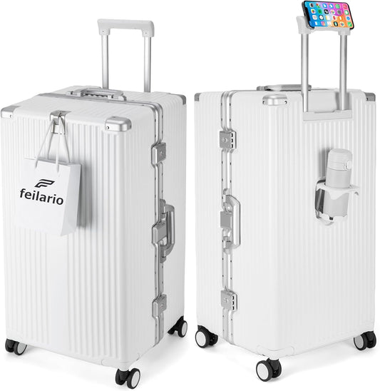 feilario 26in Super Large Captain Aluminum Frame Hardside Spinner Wheels Luggage, Zipperless Checked Suitcase with Cup Holder/Phone Holder
