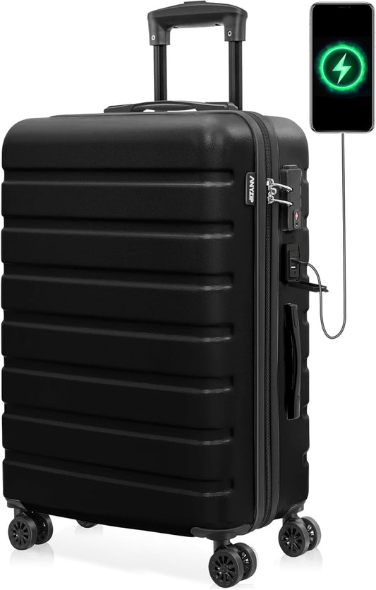 AnyZip Suitcase Hardside PC ABS Lightweight USB Luggage with Wheels TSA Lock Checked-Medium 24 Inch Black