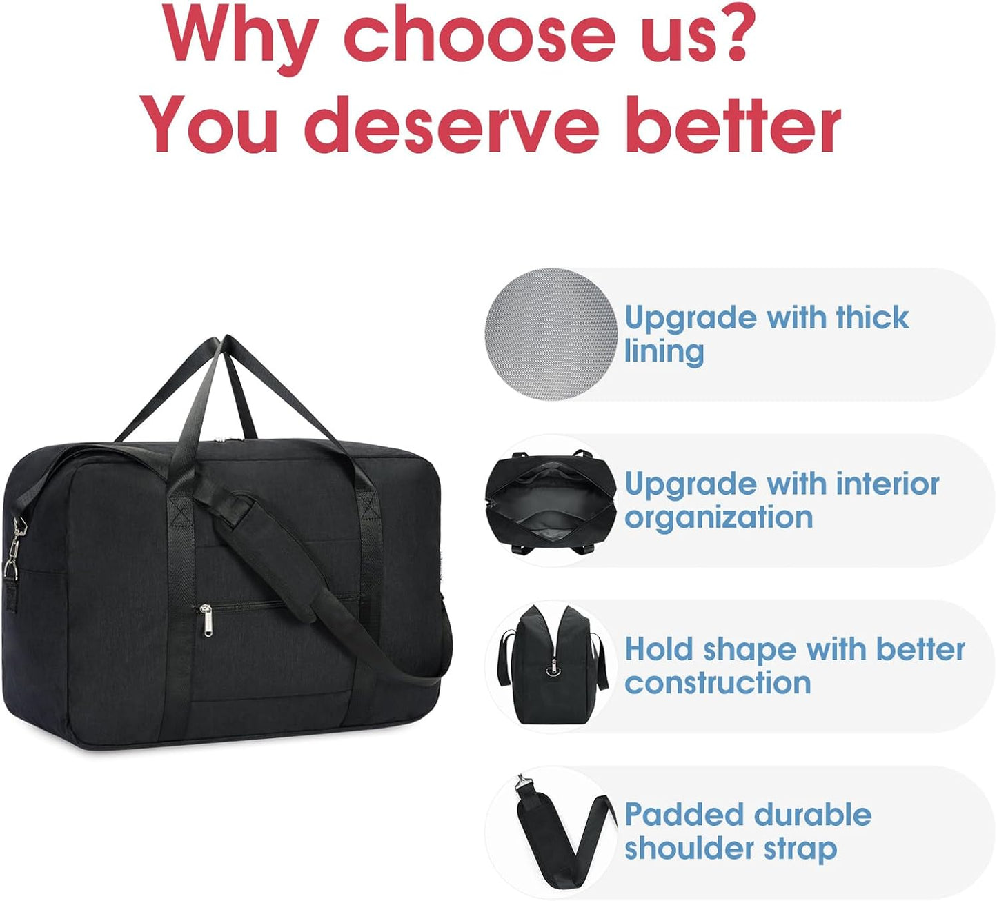 Carry on luaggage 22x14x9 Airlines Approved Foldable Carry on Bag Travel Duffel Packable Duffle Overnight for Women and Men 40L (Black)