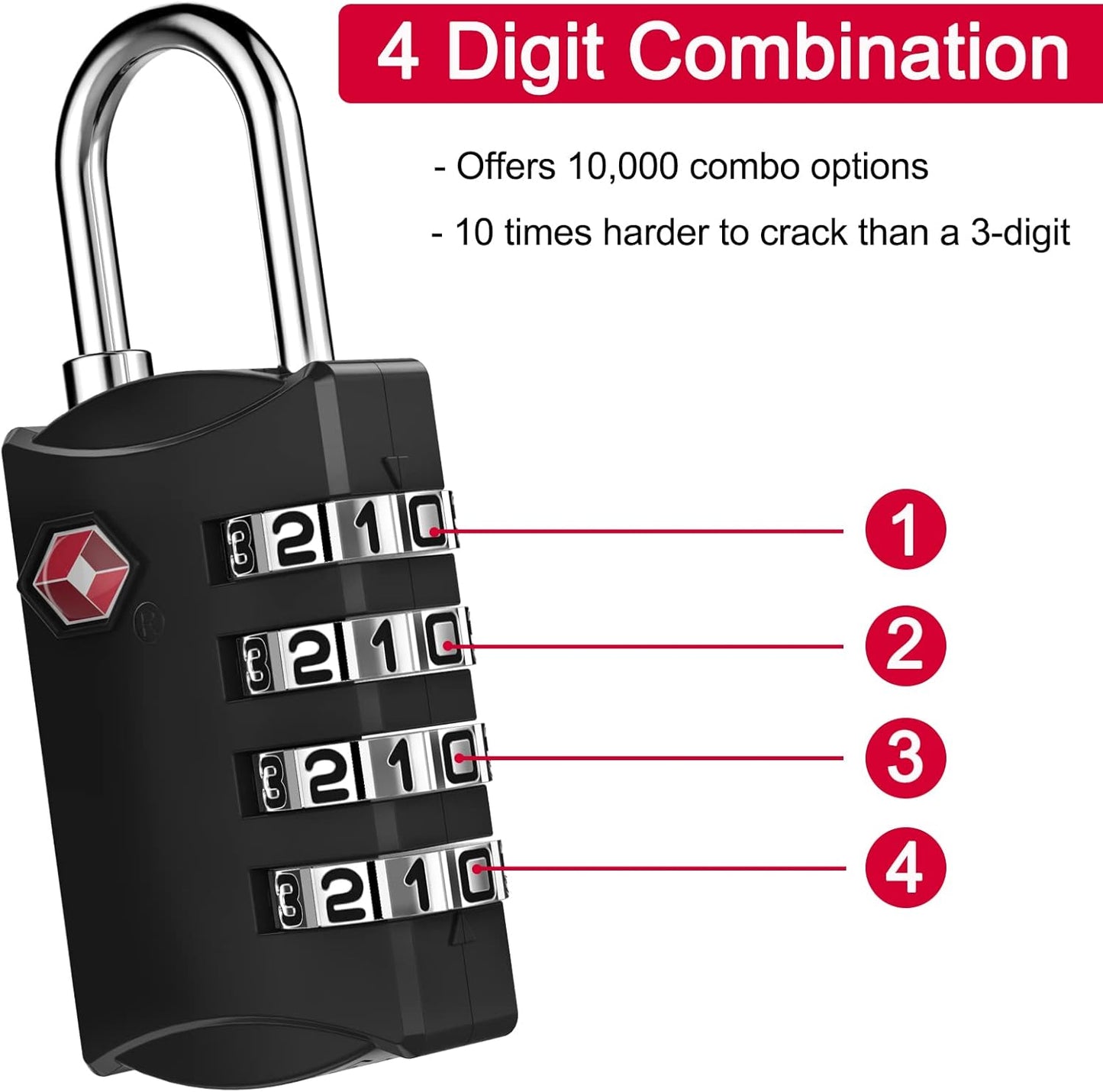 ZHEGE Luggage Lock, TSA Approved Travel Lock, 4 Digit Combination Padlock with Flexible Cable (30 Inch) for Suitcase, Backpack, Cabinet, Drawer (1 Pack, Black)