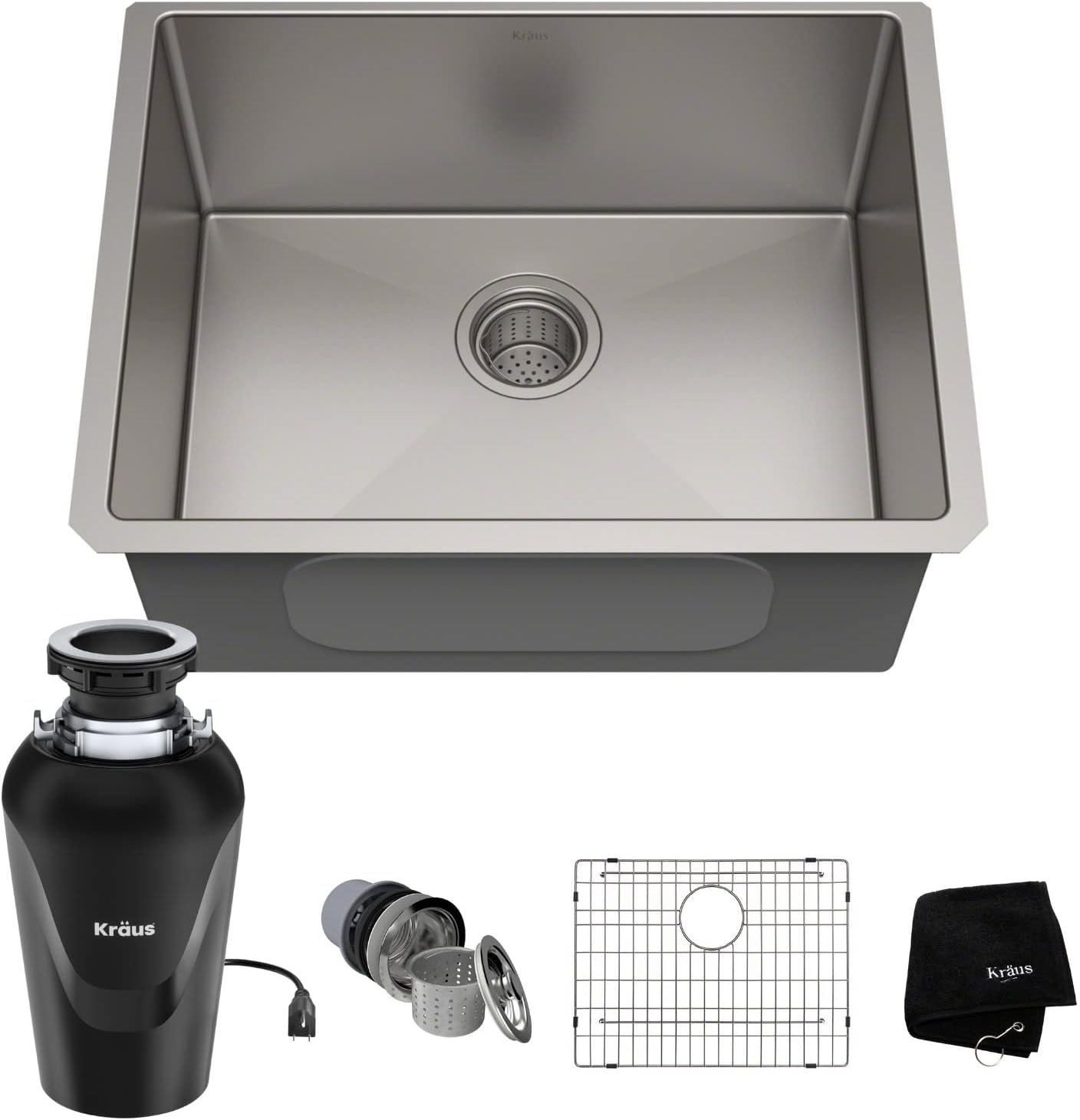 KRAUS Standart PRO™ 23-inch 16 Gauge Undermount Single Bowl Stainless Steel Kitchen Sink with WasteGuard™ Continuous Feed Garbage Disposal, KHU101-23-100-75MB