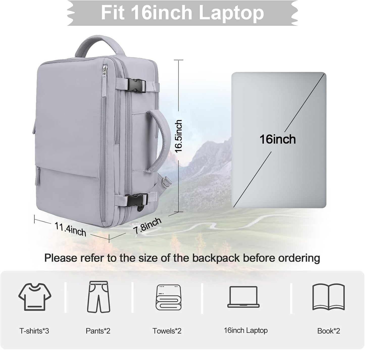 Hanples Large Travel Backpack for Women as Person Item Flight Approved, 35L Carry on Backpack,17 Inch Laptop Backpack with USB Charging Port, Travel Essentials with 2 Toiletry Bags (Gray)