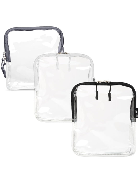 BORSALI TSA Approved Toiletry Bag - Clear Quart Size for 3-1-1 Carry On Travel - Makeup Organizer Cosmetic Pouch with Zipper - Travel Accessories - Set of 3