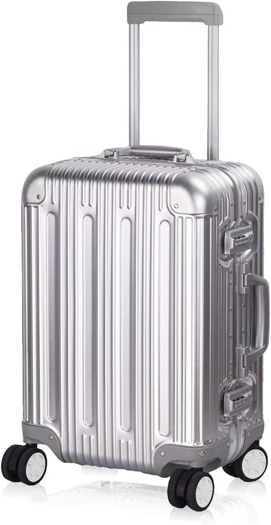 TRAVELKING All Aluminum Carry On Luggage with TSA Locks Fashion Cool Metal Hard Shell Spinner Suitcase (Silver, 20 Inch)…