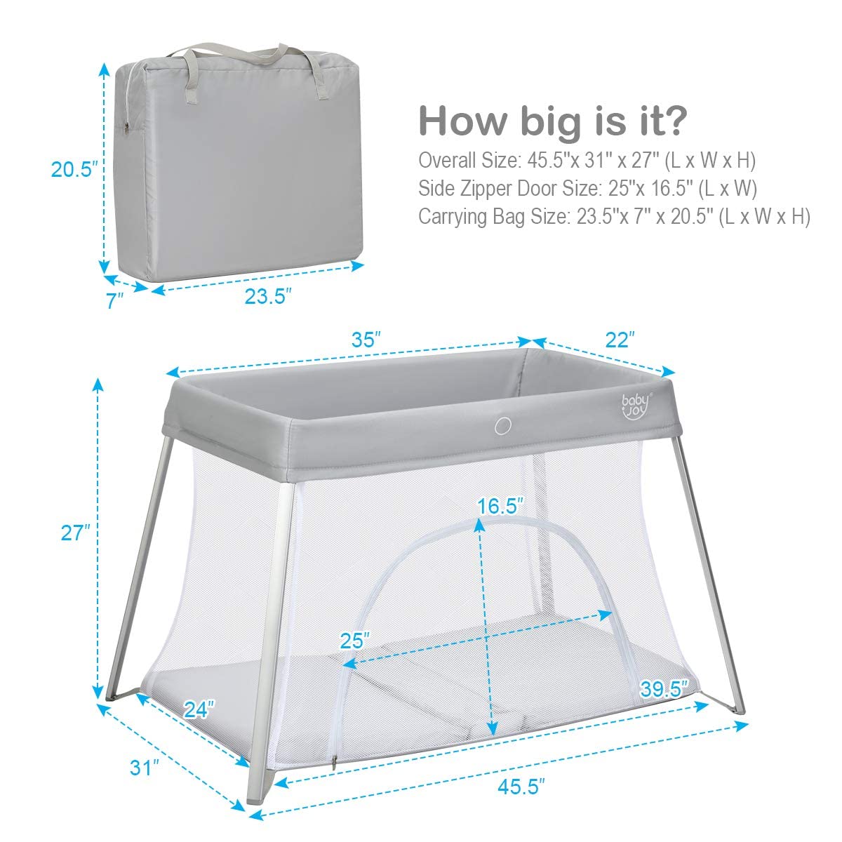 BABY JOY 2 in 1 Travel Crib with Side Zipper, Portable Baby Playard with Soft Washable Mattress, Installation-Free Home Playard with Carry Bag for Airplane, Lightweight Playpen for Infants &Toddlers