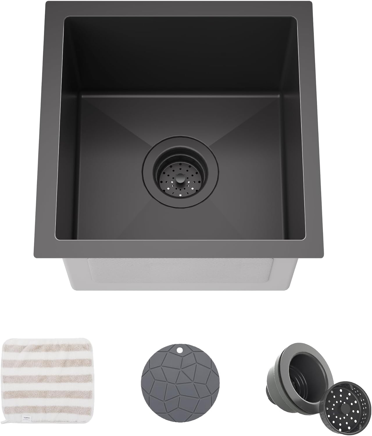 TORVA 14 x 14 Inch Gloss Black Undermount Kitchen Sink, PVD Coated Gunmetal Sink，16 Gauge T-304 Stainless Steel Single Bowl Wet Bar or Prep Sink with Zero-Radius Corners, Dark Grey