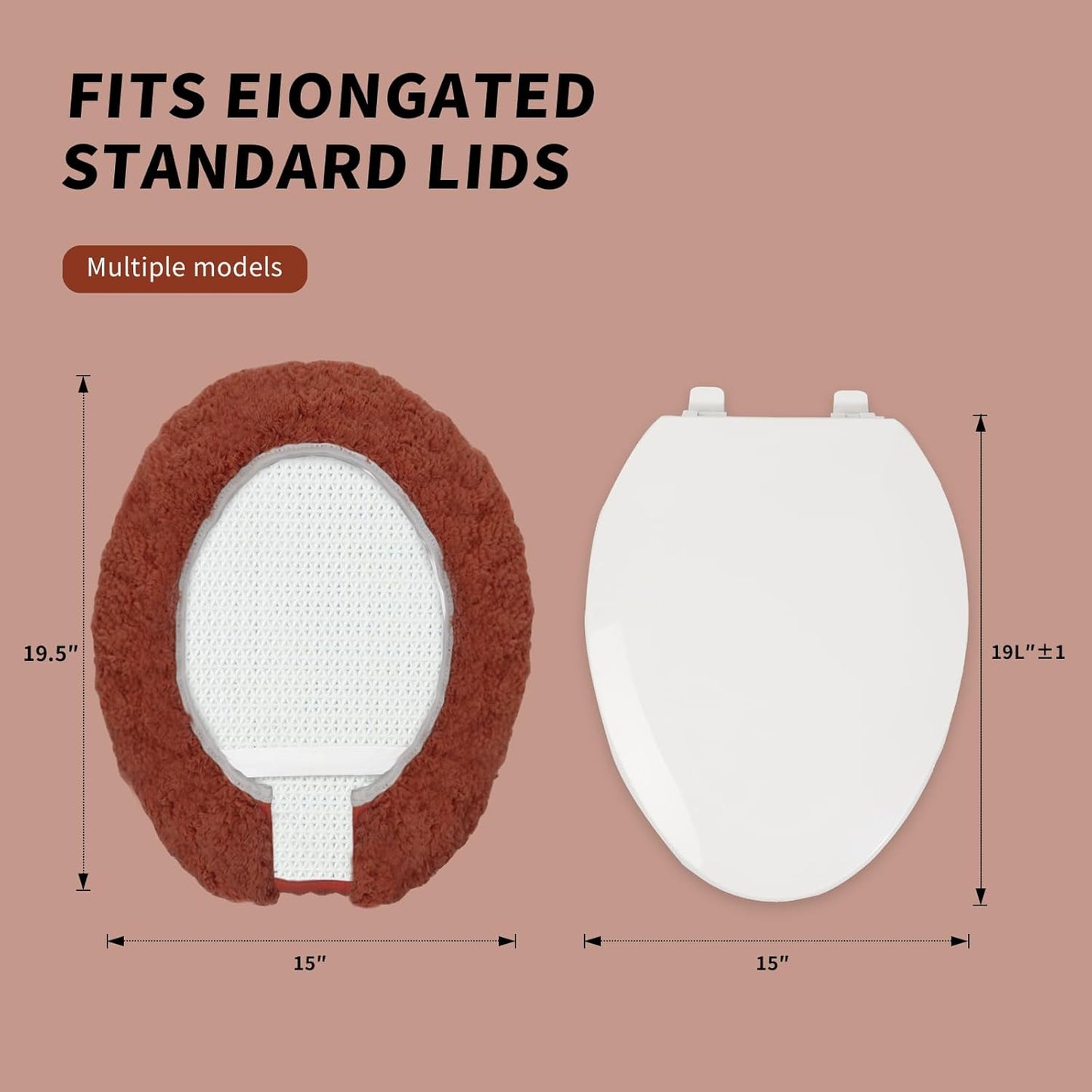 Microfiber Elongated Toilet Seat Cover 19.5"x 15" Machine Washable Solid Toilet Lid Cover Adjustable Rubber Backing Fits Most 18-19.5" L x 14-16" W Elongated Toilet Seat