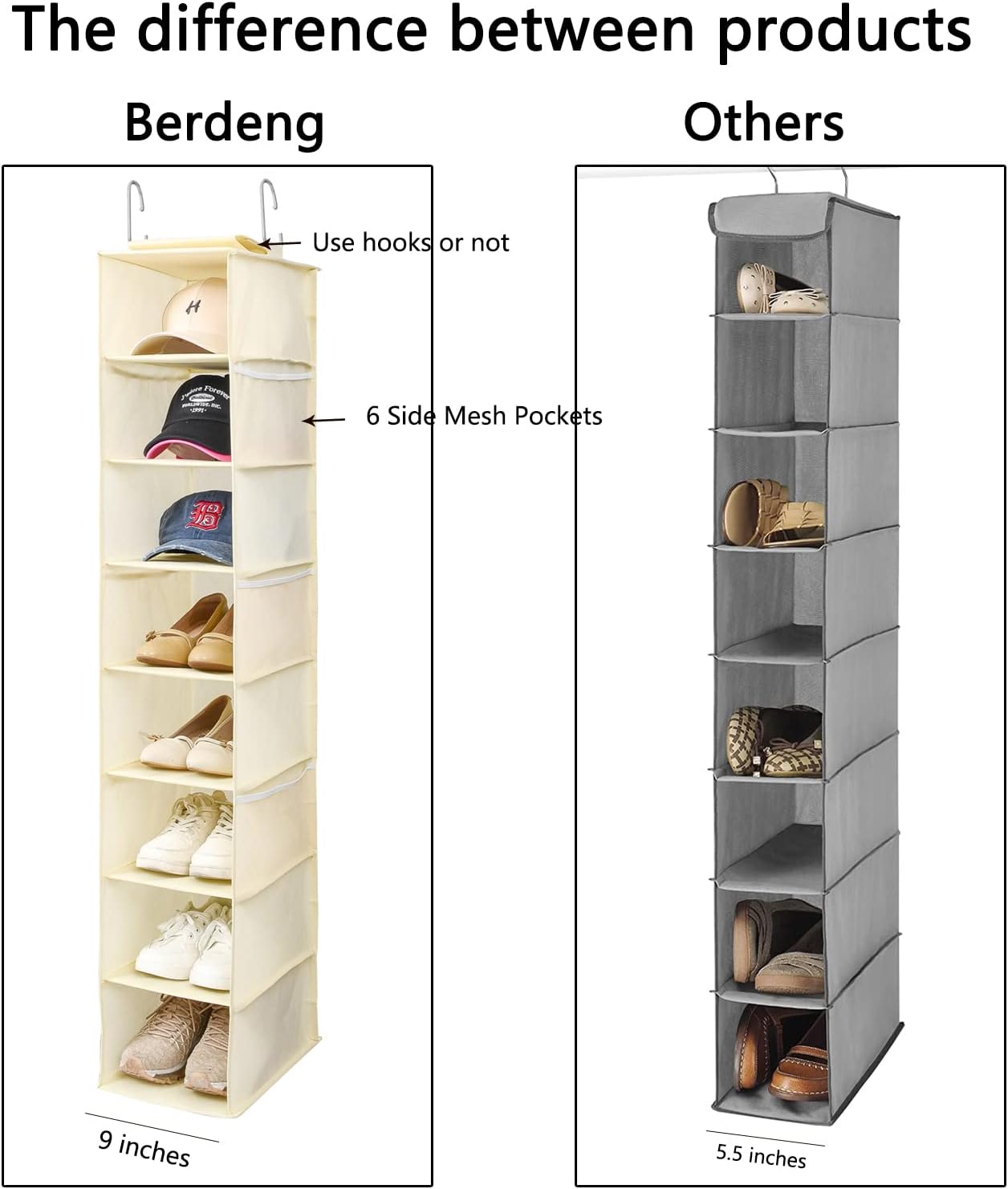 Hanging Shoe Organizer for Closet with Side Mesh Pockets，Hat Racks for Baseball Caps，Shoe and Hat Holder & Storage，8-Shelf，Beige，2 Pack