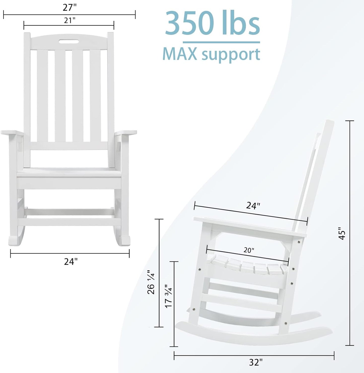Psilvam Oversized Outdoor Rocking Chair, with 21" Wide Seat and 32" Tall Backrest, Pre-Assembled with Most Components for Effortless Installation (White)