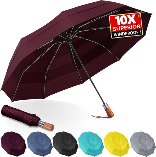3T Wind Armor Travel Umbrella Compact Easy Auto Open Close Folding Umbrellas for Rain Windproof Umbrella for Women and Men Durable Real Wood Handle Portable Fits Backpack Car