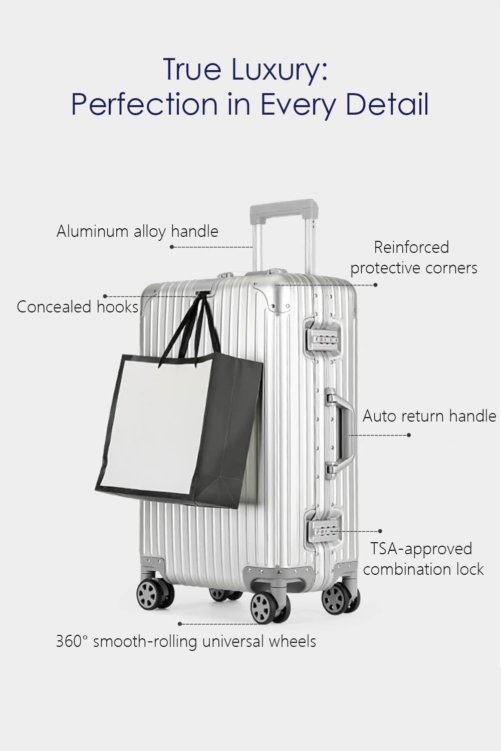 28 Inch All Aluminum Checked in Luggage with Wheels, Hard Shell Zipperless Suitcase with TSA Locks, Large Travel Luggage, Black