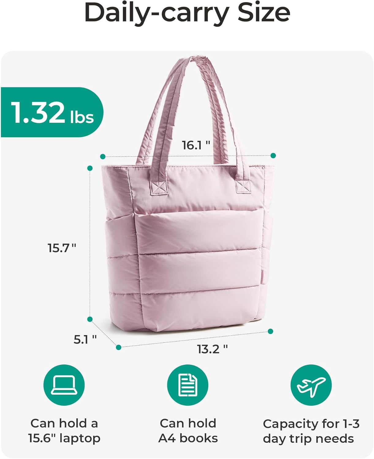 BAGSMART Tote Bag for Women, Lightweight Puffy Tote Bag with Compartments Shoulder Bag Handbag for Travel, Work, Gym,