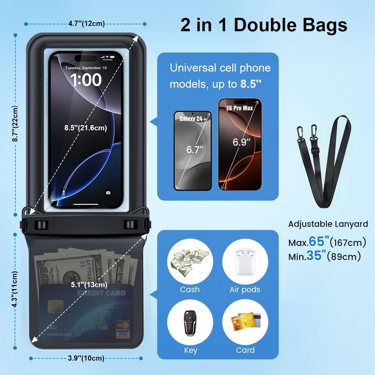 Waterproof Phone Pouch Floating, Double Bags Waterproof Phone Case with Lanyard for iPhone 16 15 Pro Max, Galaxy S24 S23 Ultra, IPX8 Cellphone Dry Bag Beach Cruise Ship Essentials 2 Pack-8.5''