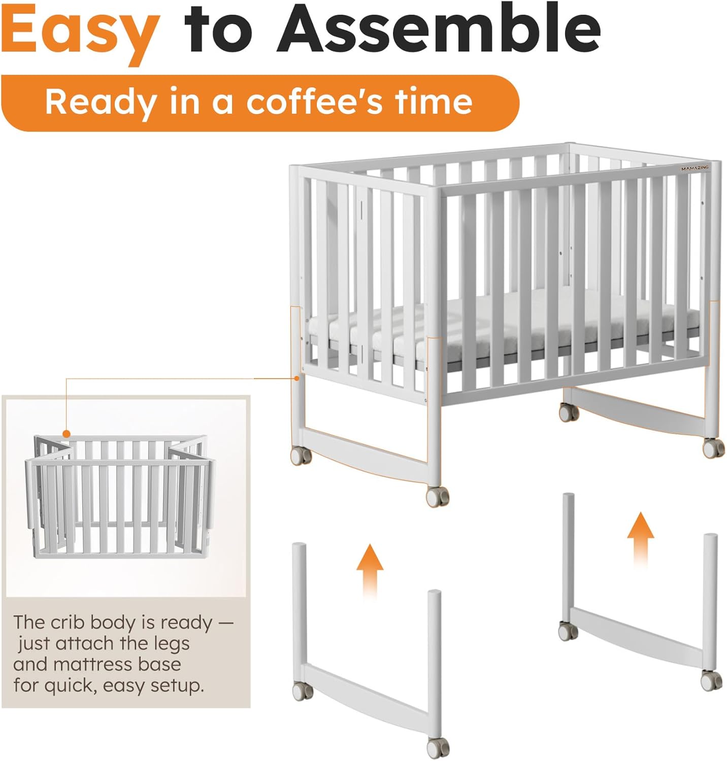EvoNook 6-in-1 Convertible Mini Crib, 100% New Zealand Solid Wood, 4 Adjustable Mattress Heights, Crib with Mattress, White