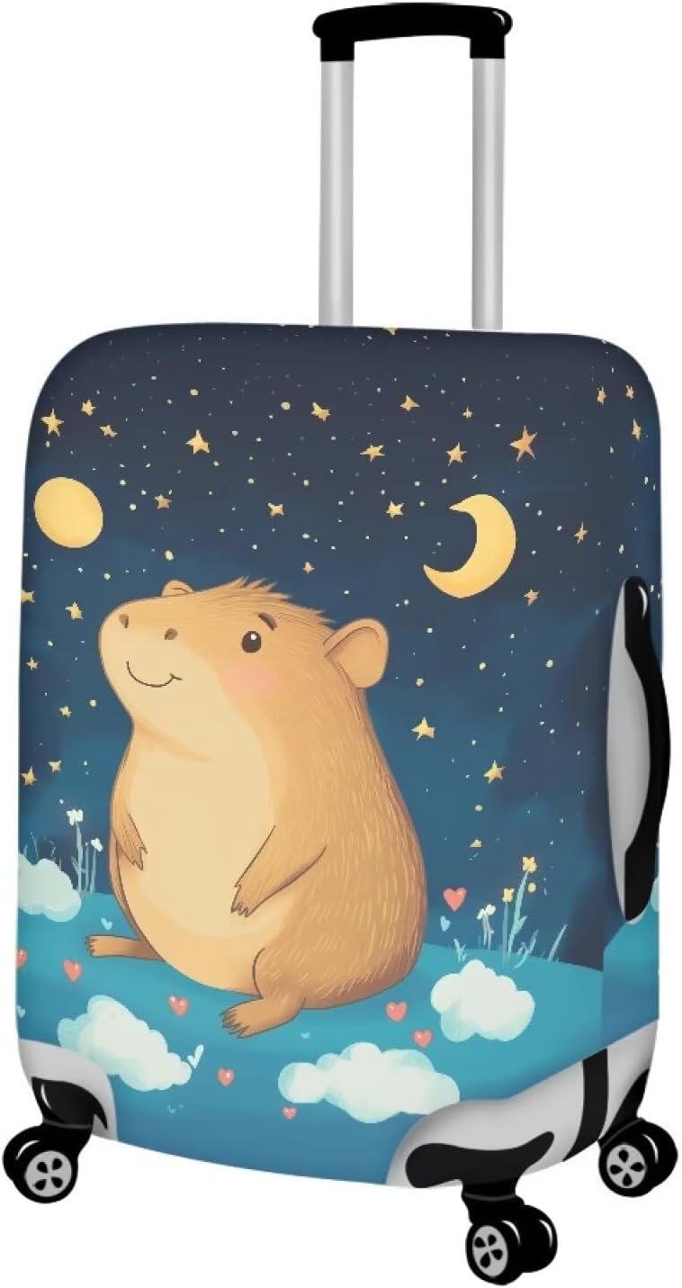 Capybara Suitcase Cover Cute Luggage Cover Protector Invisible Zipper Closure Travel Luggage Protector Fit 18-21 Inch Anti-Scratch Stretchable Suitcase Protector, Moon and Star