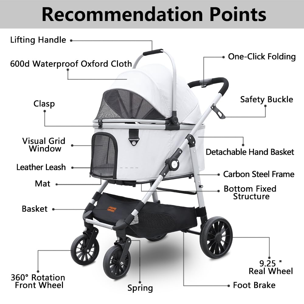 Dog Cat Stroller, Foldable 4 Wheels Dog Stroller for Small Medium Dogs 20 lbs,Pet Strollers for Large Dogs 50lbs, Stable Anti-Shock Detachble Carrier,with 360°Swiveling Front Wheel forTravel