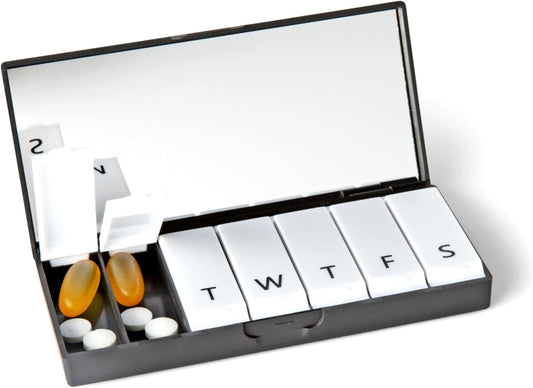 PORT X POLISH Designer Weekly Pill Box Organizer (Single 1X Daily, Classic Black) | Compact, Stylish 7-Day Vitamin Supplement Case | Cute Portable Mini Travel Medicine Carrier | BPA-Free Pillbox Caddy