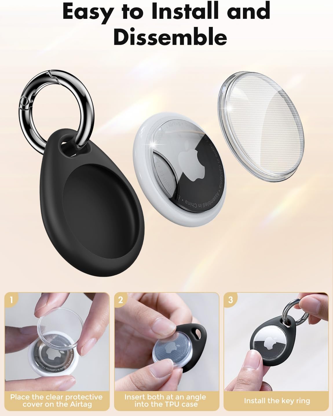 UNBREAKcable Holder for Apple AirTag [Fit Tightly Design] [Easy to Install] [Hold Air Tag Securely] Waterproof TPU Shell Case with All Metal Keychain Key Ring Clip, 4 Pack, Black
