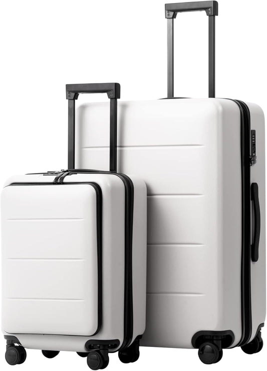 Coolife Luggage Suitcase Piece Set Carry On ABS+PC Spinner with pocket Compartment(White, 2-piece Set)