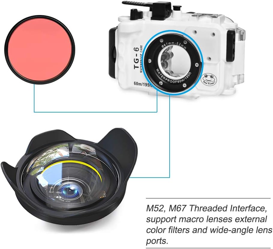 Seafrog WPC-TG6 Waterproof housing case Underwater Diving 195FT/60M Works for Olympus TG-6 Cameras White(Housing + Red Filter)
