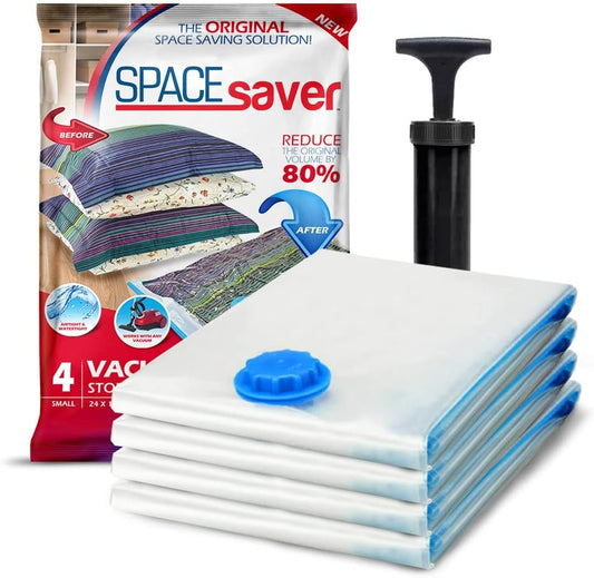 4 Pack Small Vacuum Storage Bags for Comforters, Blankets & Clothes – Vacuum Sealed Compression Bags with Hand Pump – Space Saver Storage Bags for Bedding, Moving, Travel & Organization