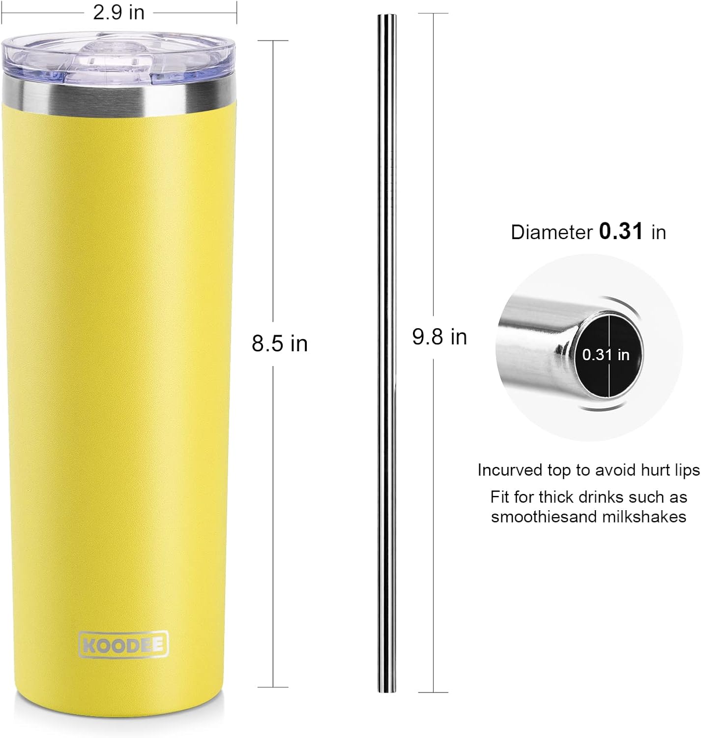 koodee Insulated Coffee Tumbler with Lid and Straw-4 Pack 20 oz Skinny Tumblers, Double Wall Stainless Steel Cup for Women (Yellow/Purple/Wine Red/Teal)