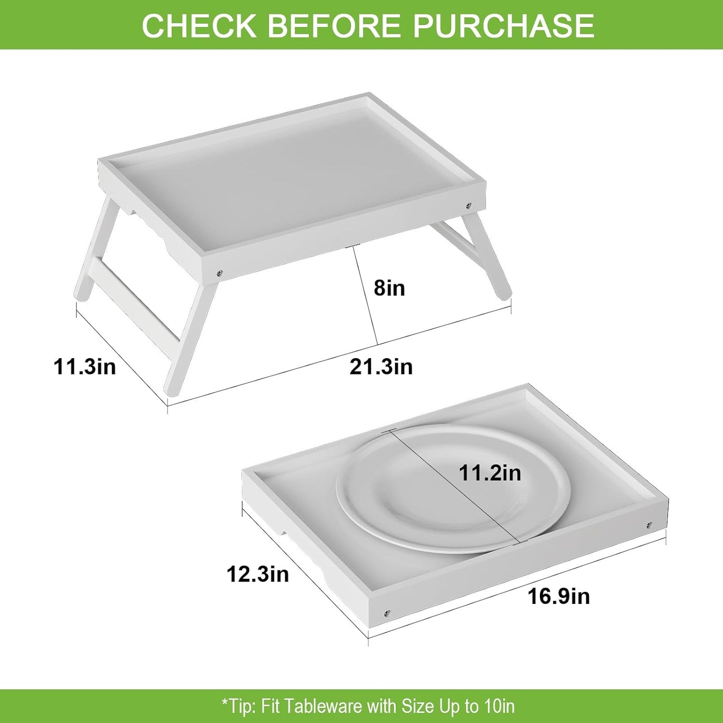 Bed Tray Table with Folding Legs,Bamboo Breakfast in Bed for TV Table,Tray,Eating,Snack Tray,Laptop Computer (White, Large)