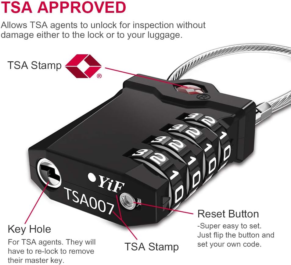 ZHEGE TSA Approved Luggage Lock, Travel Lock, 10,000 Combination Options, 5.5in Flexible Cable, Easy to Use, Secure & Solid, Suitable for Suitcase, Backpack, Briefcase (1 Pack, Black)