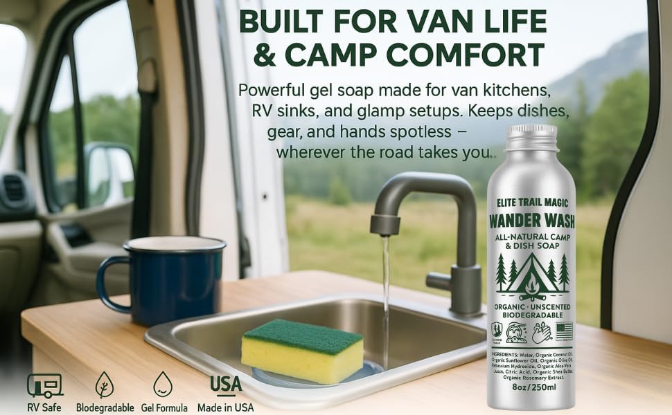 Wander Wash -Biodegradable Camp & Dish Soap Unscented | Made in USA | Organic All-Purpose Camping Gel Soap for Dishes, Hands & Gear – Eco-Friendly Reusable Aluminum Bottle | (8oz) (8floz/250ml)