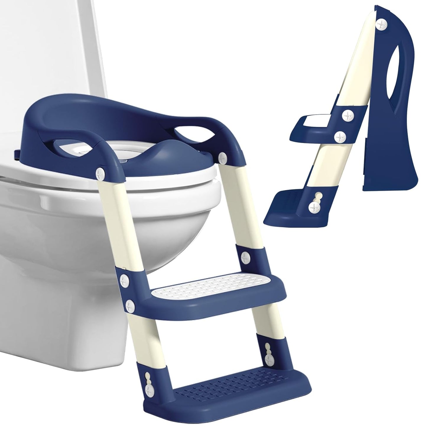 Potty Training Seat with Step Stool Ladder, Adjustable Foldable Potty Seat for Toilet with Anti-Slip Pads Ladder for Kids Boys Girls Toddlers - Navy Blue
