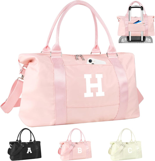 Initial Travel Duffel Bag Sports Gym Bag for Girls Teen Birthday Gifts,Pink Personalized Weekender Bag Carry On Tote Bags for Women Men,Waterproof Overnight Luggage Bag with Trolley Sleeve(Letter H)