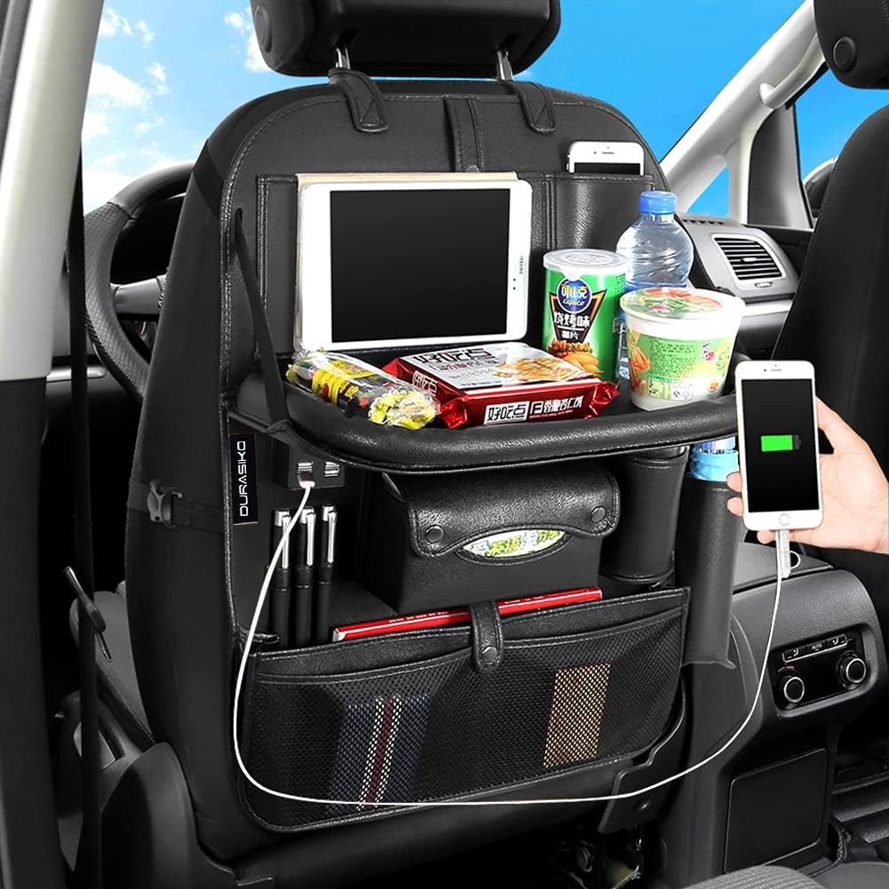 Car Backseat Organizer with Foldable Table Tray,Car Storage Organizer with Tablet Holder,Car Seat Back Protectors Kick Mats,Premium PU Leather Material,Compatible with Most Vehicles