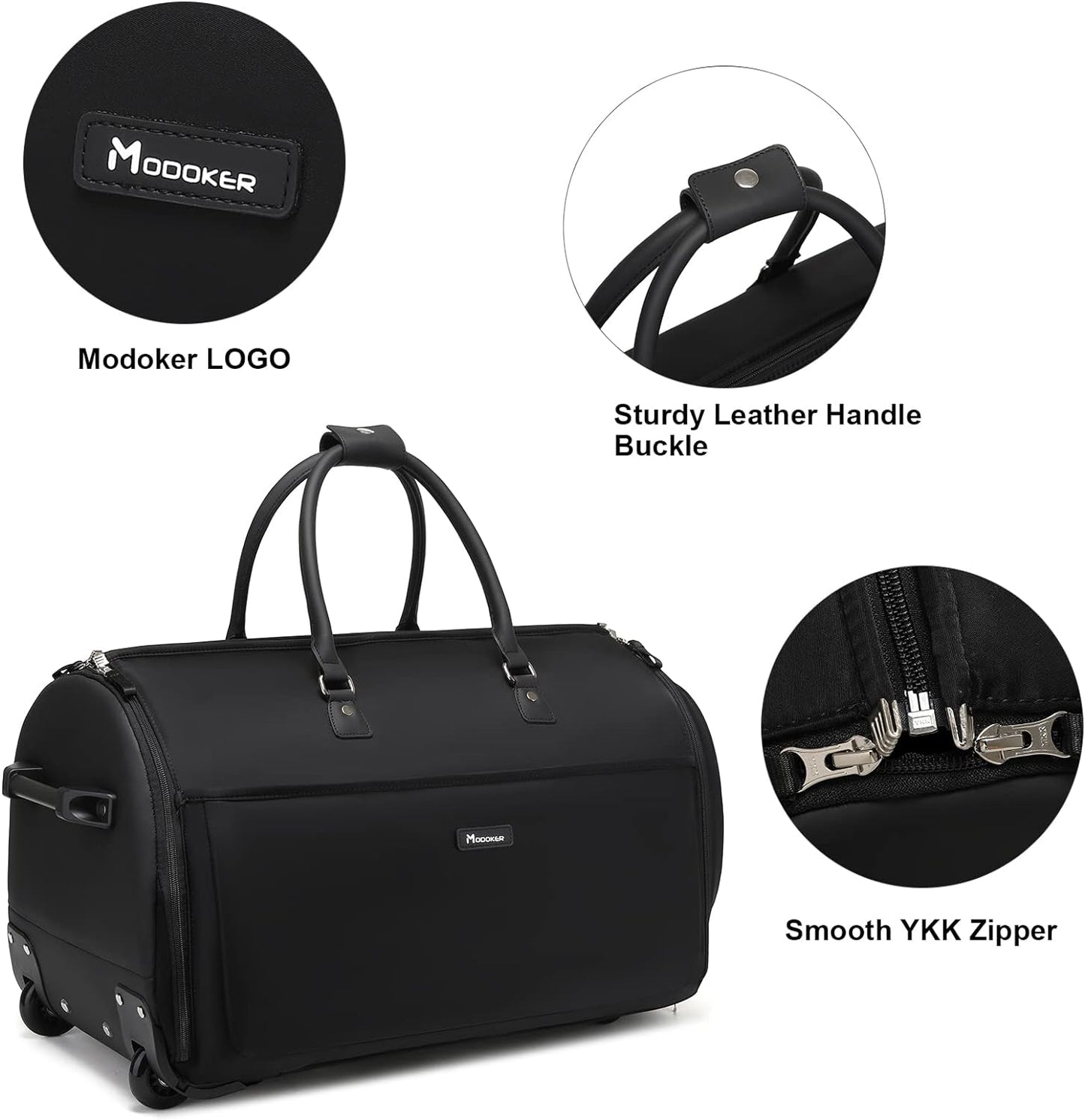 Modoker Rolling Garment Bags, Large Garment Duffle Bag with Wheels, 3 in 1 Garment Suit Luggage Bag for Women Men Business Travel Weekender, Black