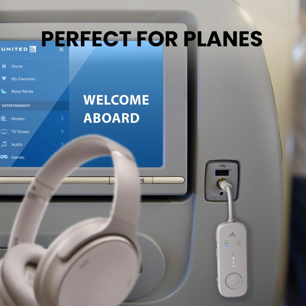 Avantree Relay - Airplane Bluetooth 5.3 Adapter with Qualcomm aptX Adaptive, Supports 2 AirPods or Headphones, 20Hr Playtime, 3.5mm AUX Wireless Audio Transmitter for Travel Flight, Airline, Gym