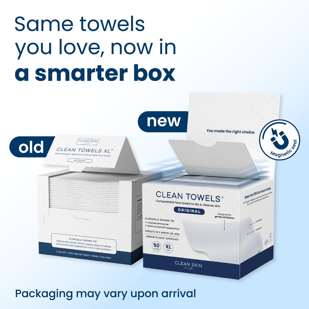 Clean Skin Club Clean Towels XL®, 100% USDA Biobased Face Towel, Disposable Face Towelette, Eczema Association Accepted, Makeup Remover Dry Wipes, Ultra Soft, 50 ct per pack, 6 Packs, 300 Ct Total