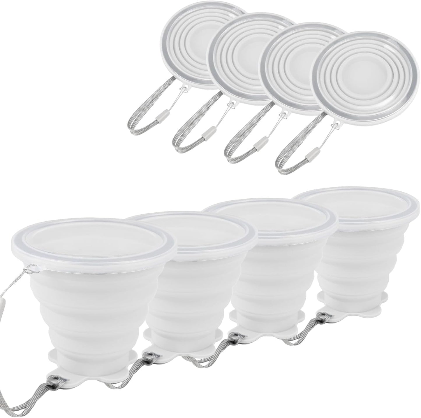 JBER Silicone Collapsible Travel Cup, 4 Pack Silicone Folding Camping Cup with Lids Expandable Drinking Cup for Outdoor Hiking Travel (White Translucent)