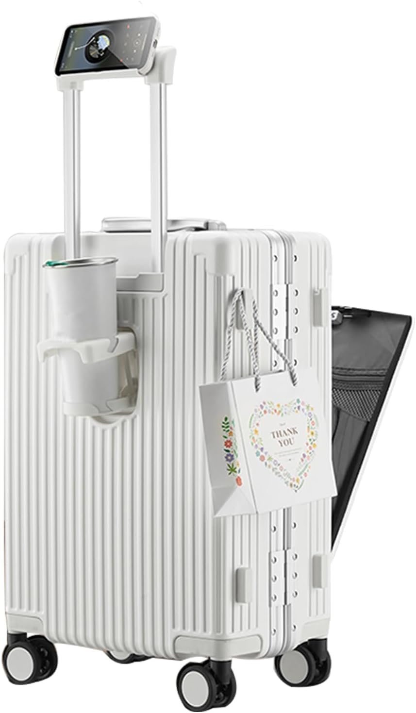 feilario 20in Aluminium Frame PC Hard Shell Spinner Wheels Luggage, Built-In TSA lock Carry on Suitcase, with Cup Holder, USB Port, Phone Holder ﻿