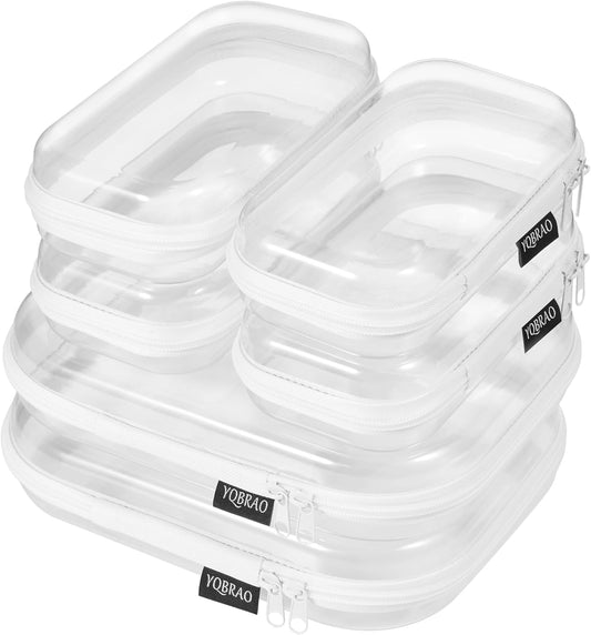 6 Pack Clear Hard Shell Zipper Case (4 Small & 2 Medium), Hard Plastic Organizer Pouches for Travel, Small Items, Makeup, Electronics & Art Supplies - Crush-Resistant & Waterproof Storage