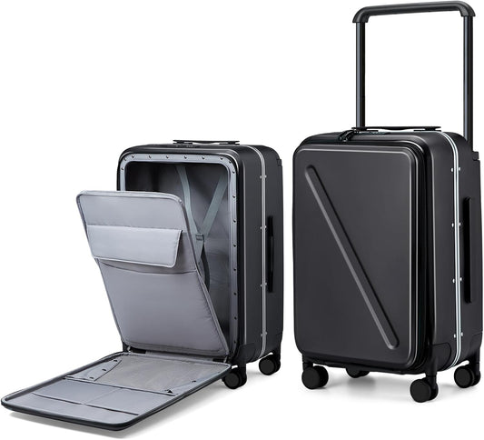 MILADA Wide Handle Luggage with Front Pocket Hardshell Aluminium Check In Suitcase with Wheels Medium 24 Inch Front Opening Checked Luggage with Spinner Wheels TSA Lock Airline Approved Luggage, Black