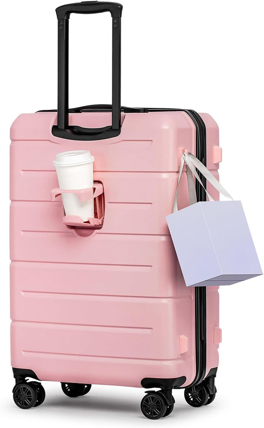 KYME 26 Inch Luggage TSA Approved Hardshell 26" Suitcases with Spinner Wheels Durable Medium Travel Checked Luggage with Cup Holder for Women Men Pink