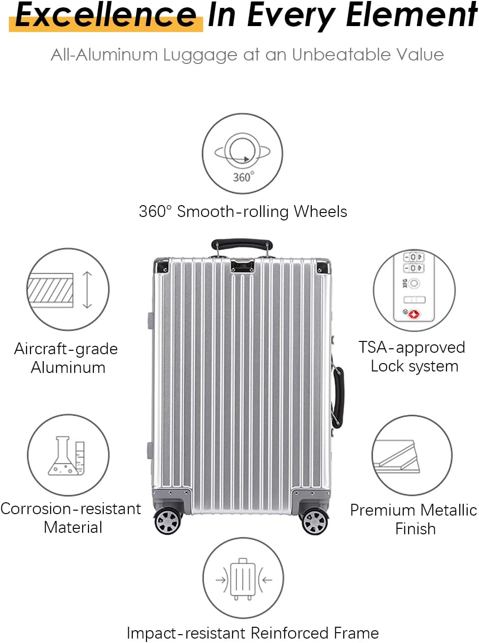 HotWay 28 Inch All Aluminum Checked in Luggage with Leather Handle, Hard Shell Zipperless Suitcase with TSA Locks and Spinner Wheels, Large Luggage for Business Travel, Gold