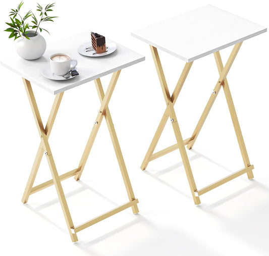 Foldable TV Trays, Small Folding Table, TV Trays Set of 2, TV Dinner Tray, Side Table for Bed, Couch, Portable Easy to Move, White & Gold
