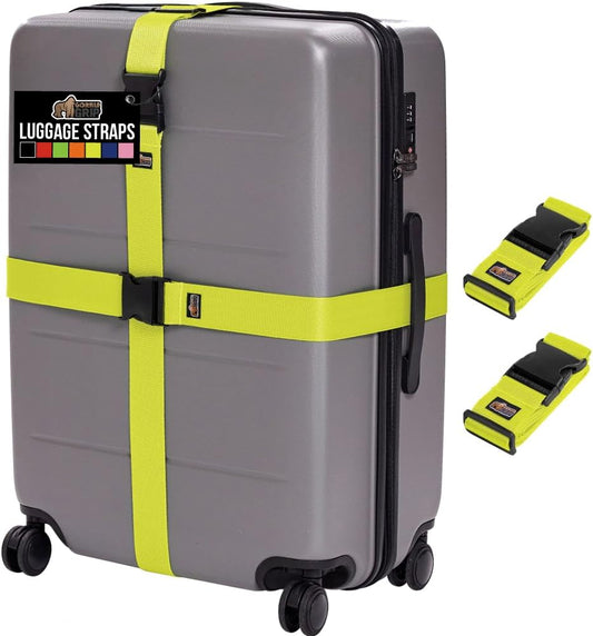 GORILLA GRIP Heavy Duty Adjustable Luggage Straps for Suitcases, Easy to Identify Travel Belt Connector Holds Suitcase Together, Extends Life of Bag, Strap Connects Two Bags, Accessories 2 Pack Yellow