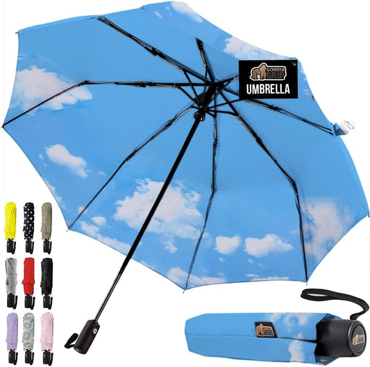 GORILLA GRIP Strong Stick Umbrella for Rain, Compact Travel One-Click Automatic Open Close, Lightweight, Portable, US Designed Reinforced Fiberglass Ribs, Wind Resistant, Easy Collapse, Sky Blue