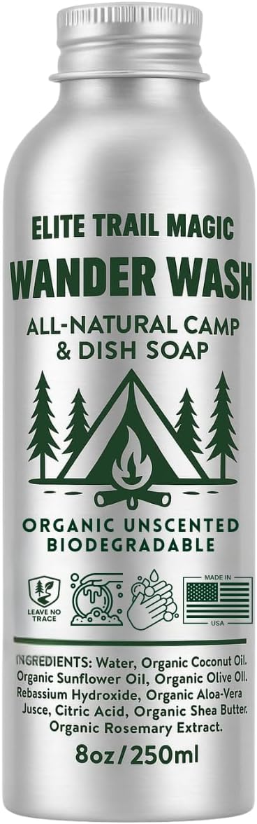 Wander Wash -Biodegradable Camp & Dish Soap Unscented | Made in USA | Organic All-Purpose Camping Gel Soap for Dishes, Hands & Gear – Eco-Friendly Reusable Aluminum Bottle | (8oz) (8floz/250ml)