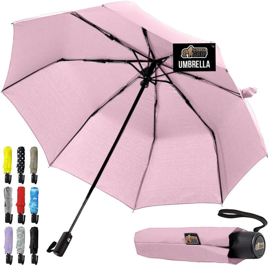 GORILLA GRIP Strong Stick Umbrella for Rain, Compact Travel One-Click Automatic Open Close, Lightweight, Portable, US Designed Reinforced Fiberglass Ribs, Wind Resistant, Easy Collapse, Pink