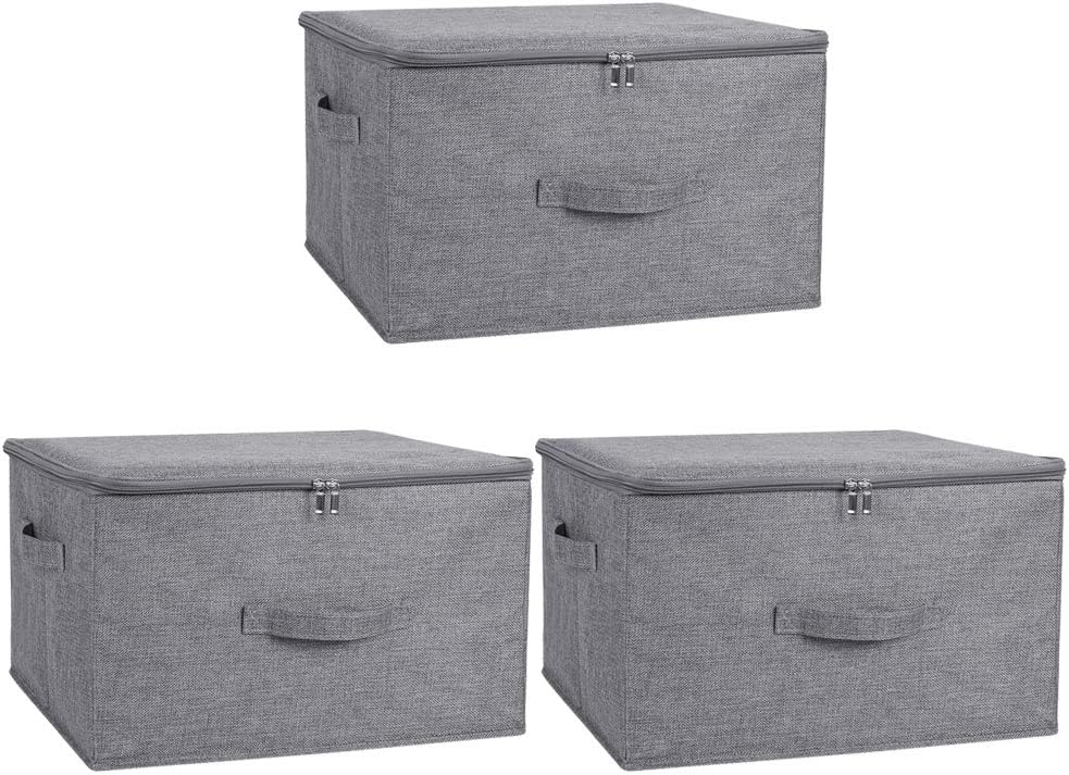ANMINY 3PCS Storage Bins with Zipper Lids 51.9 Qt Lidded Fabric Storage Boxes Baskets Cubes with Handles Collapsible Washable Cotton Linen Closet Shelf Clothes Organizer - Gray, Extra Large