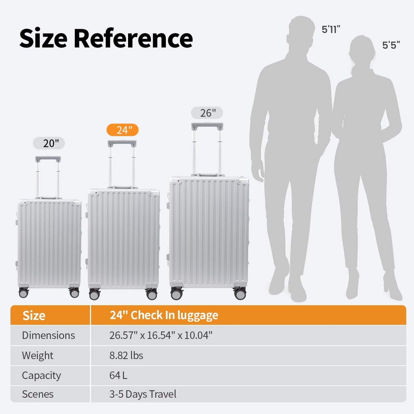 24 Inch Luggage With Spinner Wheels, Aluminum Frame Zipperless Suitcase, PC Lightweight Hard Shell with TSA Lock, Checked Medium Suitcase 24-Inch (Silver)