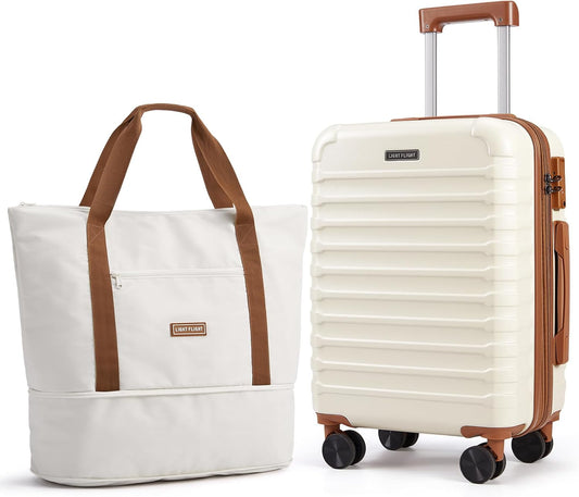 LIGHT FLIGHT Luggage Sets, Carry On Luggage 22x14x9 Airline Approved, Carry On Travel Bag Suitcases with Wheels, Expandable Hardside Lightweight Rolling with TSA Lock 2-Piece Set (DB/20),Beige